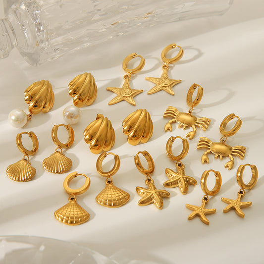 Orecchini a forma di conchiglia a stella marina e granchio in stile INS da donna in acciaio al titanio con placcatura in oro 18 carati
