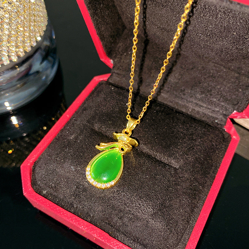 Sweet Minimalist Gourd Brass Pendant with Cubic Zirconia Inlay Titanium Steel Necklace for Women