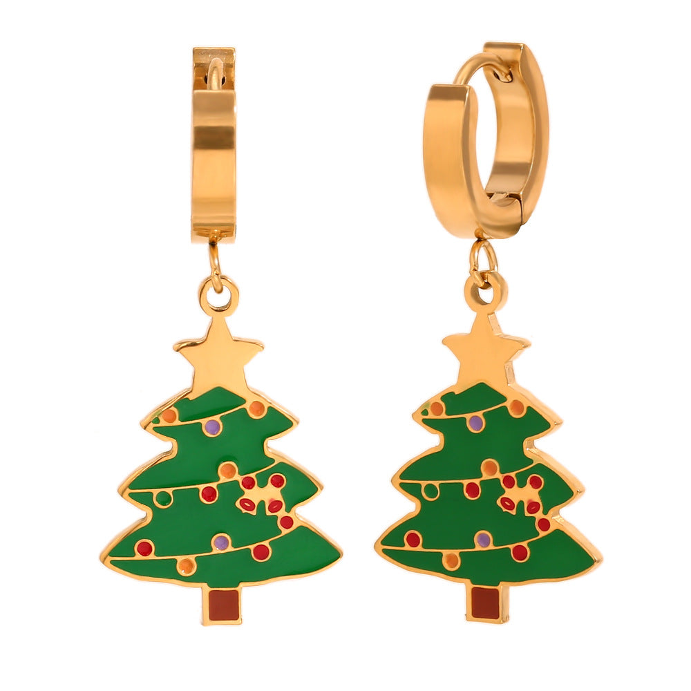Cute Cartoon Character Stainless Steel 18K Gold Plated Christmas Tree Earrings for Women