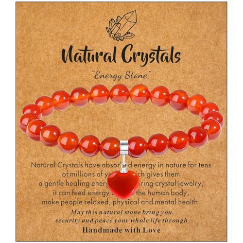 Minimalist 8mm Crystal Beaded Bracelet with Heart Pendant Polished Rose Quartz Rhodonite Elastic String