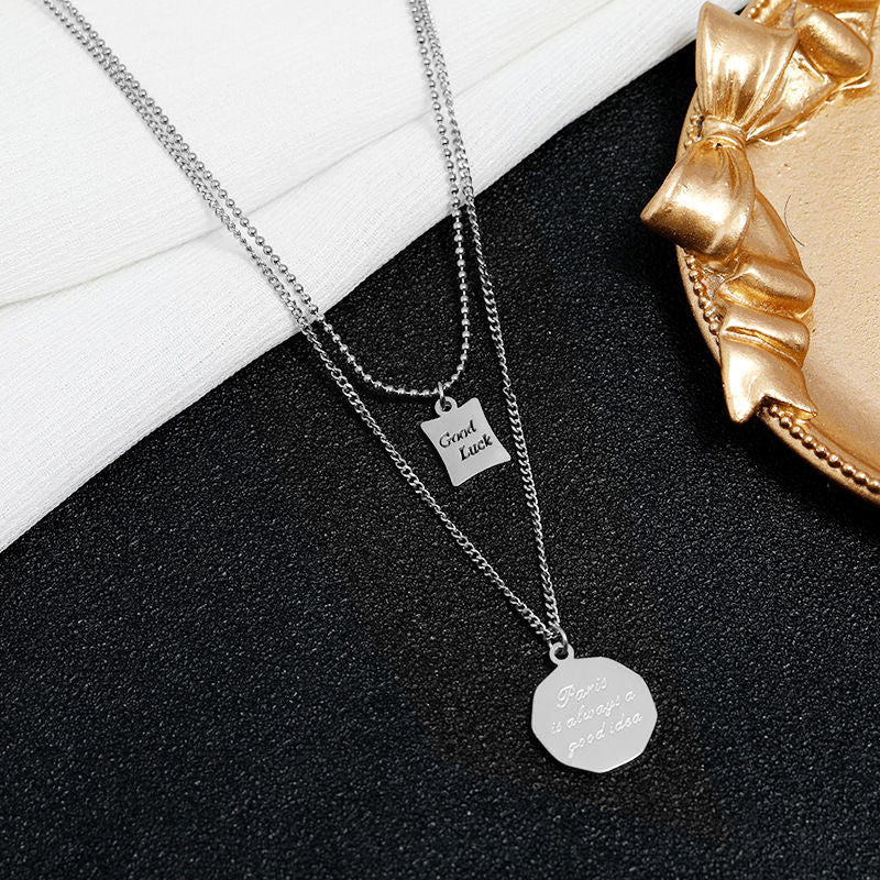 Minimalist Geometric Titanium Steel Plated Double-Layer O-Chain Necklace for Women with Good Luck Letter Pendant