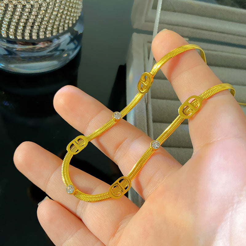 Minimalist Luxury 18K Gold Plated Letter Titanium Steel Snake Chain Necklace with Cubic Zirconia Inlay