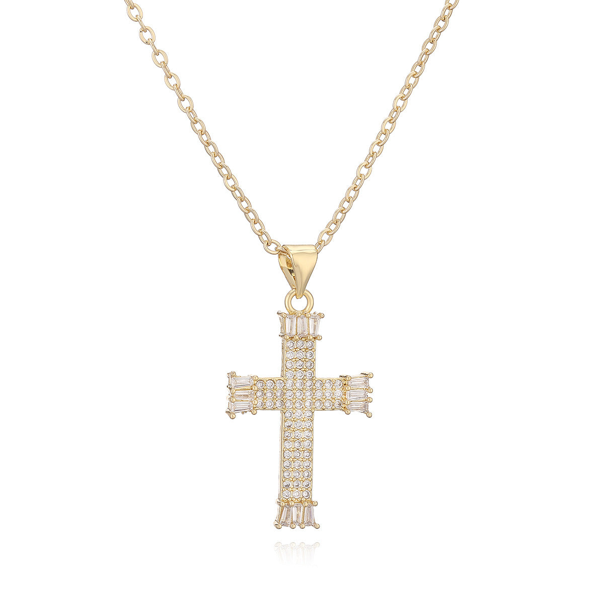 Minimalist Elegant 18K Gold Plated Brass Cross Pendant Necklace with Cubic Zirconia for Women