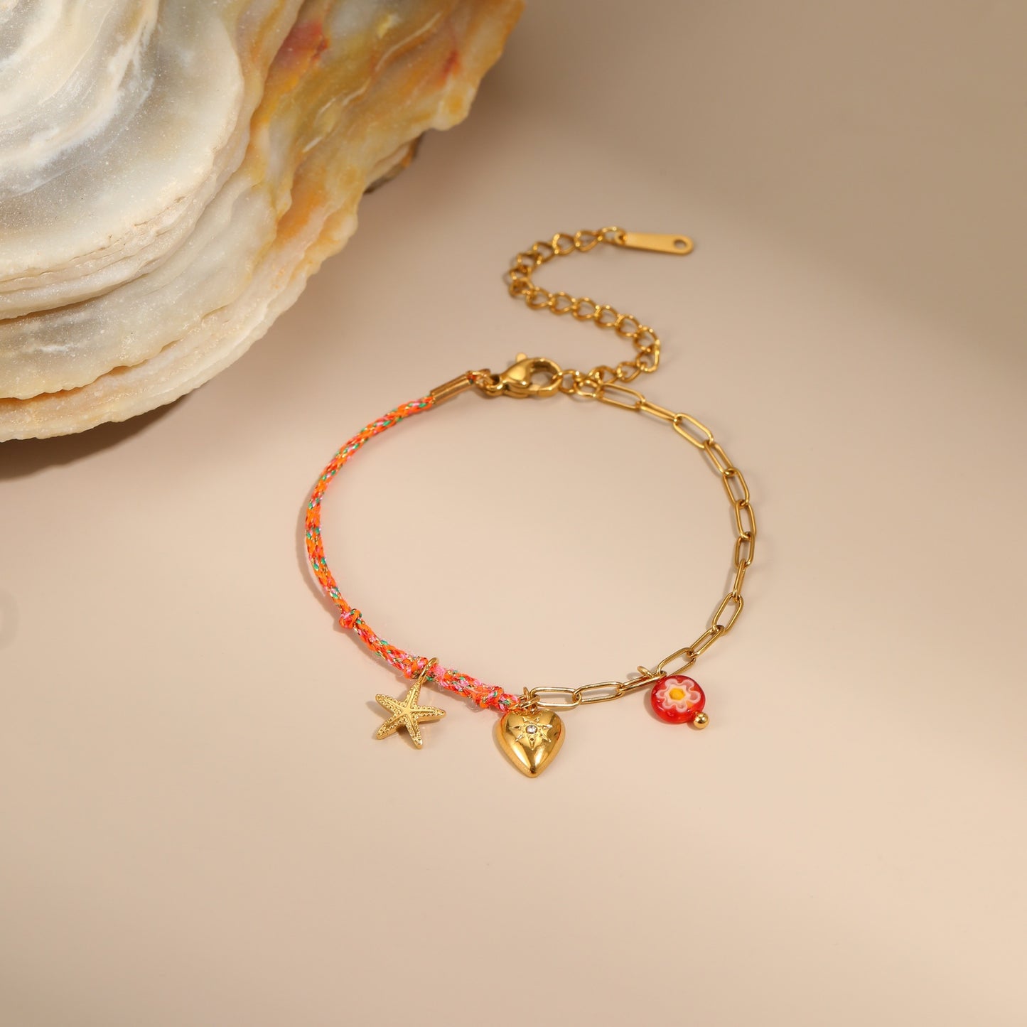 Bracciale alla moda in corda intrecciata ispirato alle vacanze con ciondolo a cuore e stella in acciaio inossidabile da donna