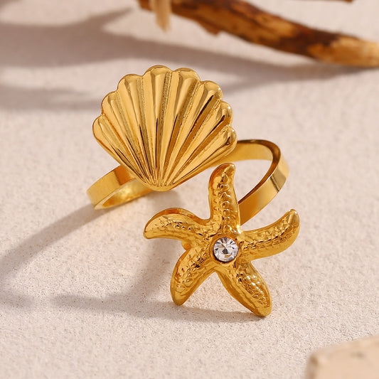 Fashion Ocean Vacation Style Stainless Steel Plated 18K Gold Open Heart Ring with Shell Motif