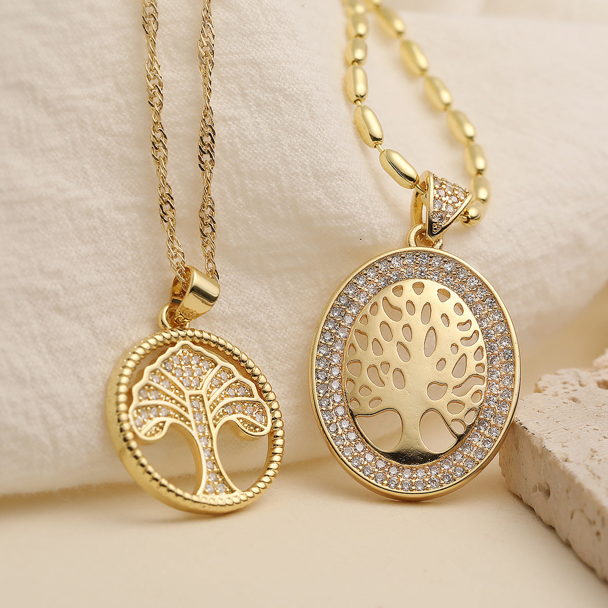 Minimalist Geometric Tree of Life Pendant Necklace in Copper with 18K Gold Plating and Zircon Accents