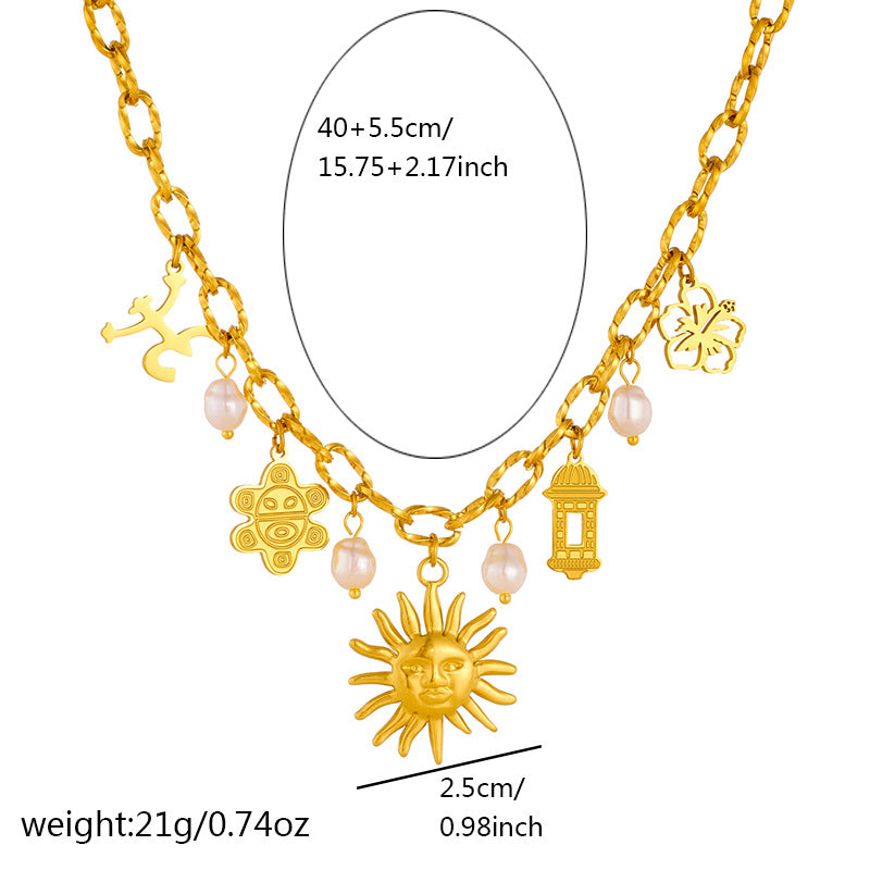 Chic Gold Plated Stainless Steel Sun Flower Geometric Pearl Pendant Necklace Cable Chain for Women