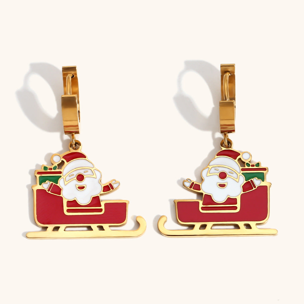 Orecchini di Babbo Natale da Cartone Animato per Donne, in Acciaio Inossidabile Placcato Oro 18K con Finitura Smaltata, Gioielli di Moda a Tema Festivo