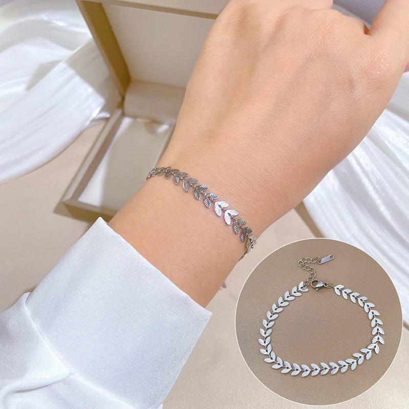 Minimalist Vintage Leaf Link Chain Bracelet in Titanium Steel with Wavy and Bean Pattern