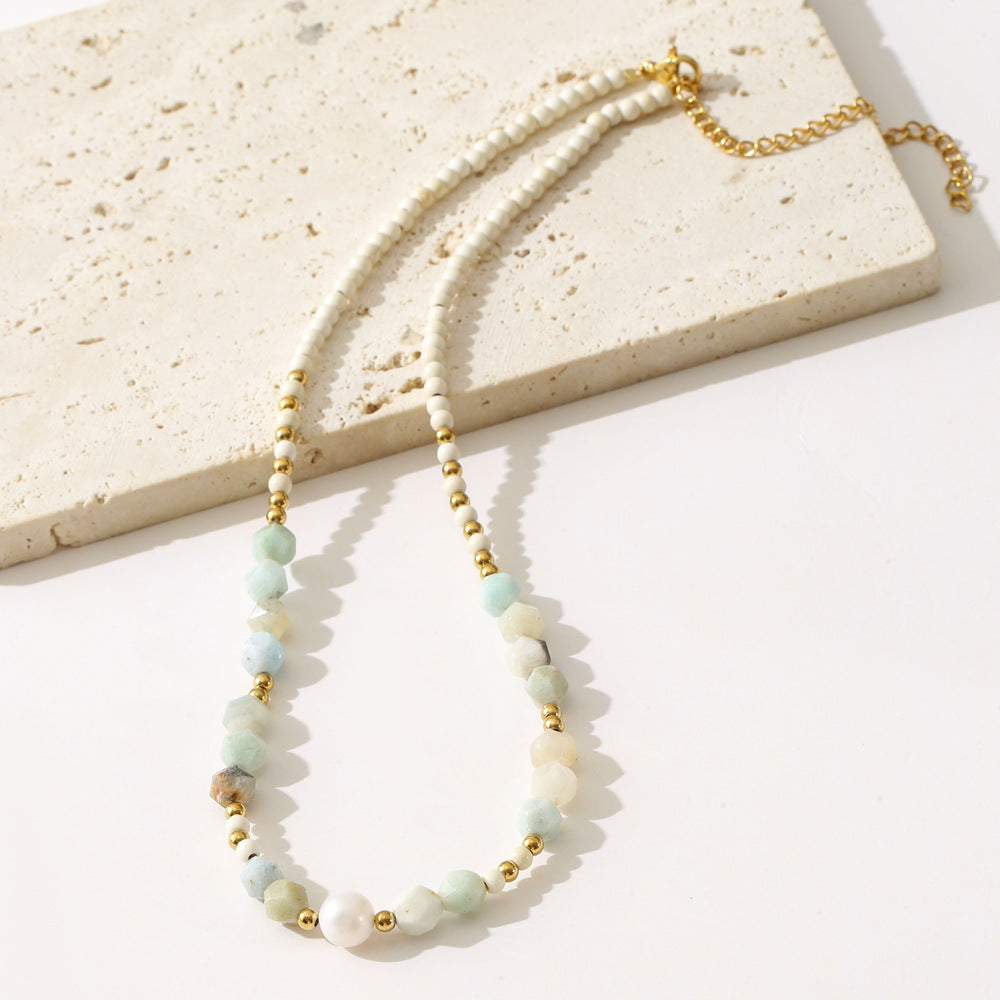 Minimalist Geometric Titanium Steel Beaded Necklace for Women with Red Jasper Sunstone Amazonite Natural Pearls