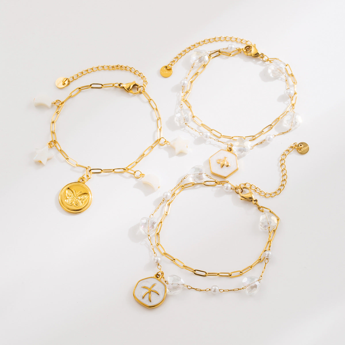 Bracciale da donna vintage a forma di farfalla, stella e luna, in acciaio inossidabile con intarsi in conchiglia, galvanizzato, gioielli minimalisti per tutti i giorni