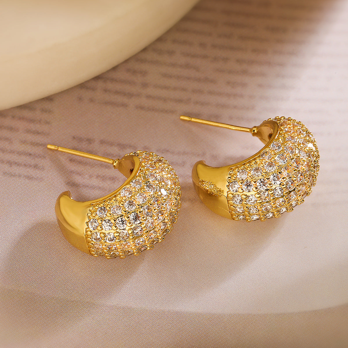 Minimalist Geometric C-Shaped Earrings for Women with Copper Base and 18K Gold Plating, Micro-Paved Zirconia Accent