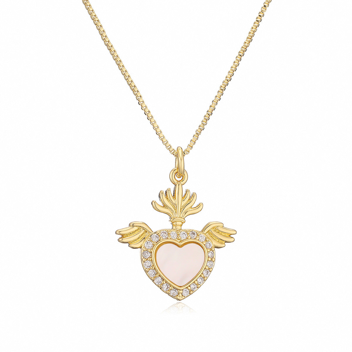 Collana con ciondolo a cuore minimalista in rame placcato oro 18 carati con intarsi in abalone bianco e zirconi da donna