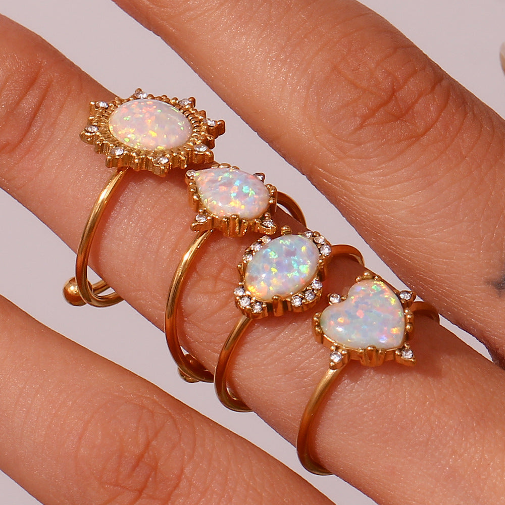 Fashionable Adjustable Stainless Steel Ring with 18K Gold Plating for Women, Heart-Drop-Geometric Shape, Office Chic Style