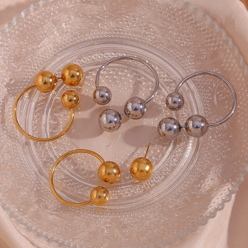 Minimalist Geometric Stainless Steel Plated 18K Gold Oversized Three-Ball Hoop Earrings for Women