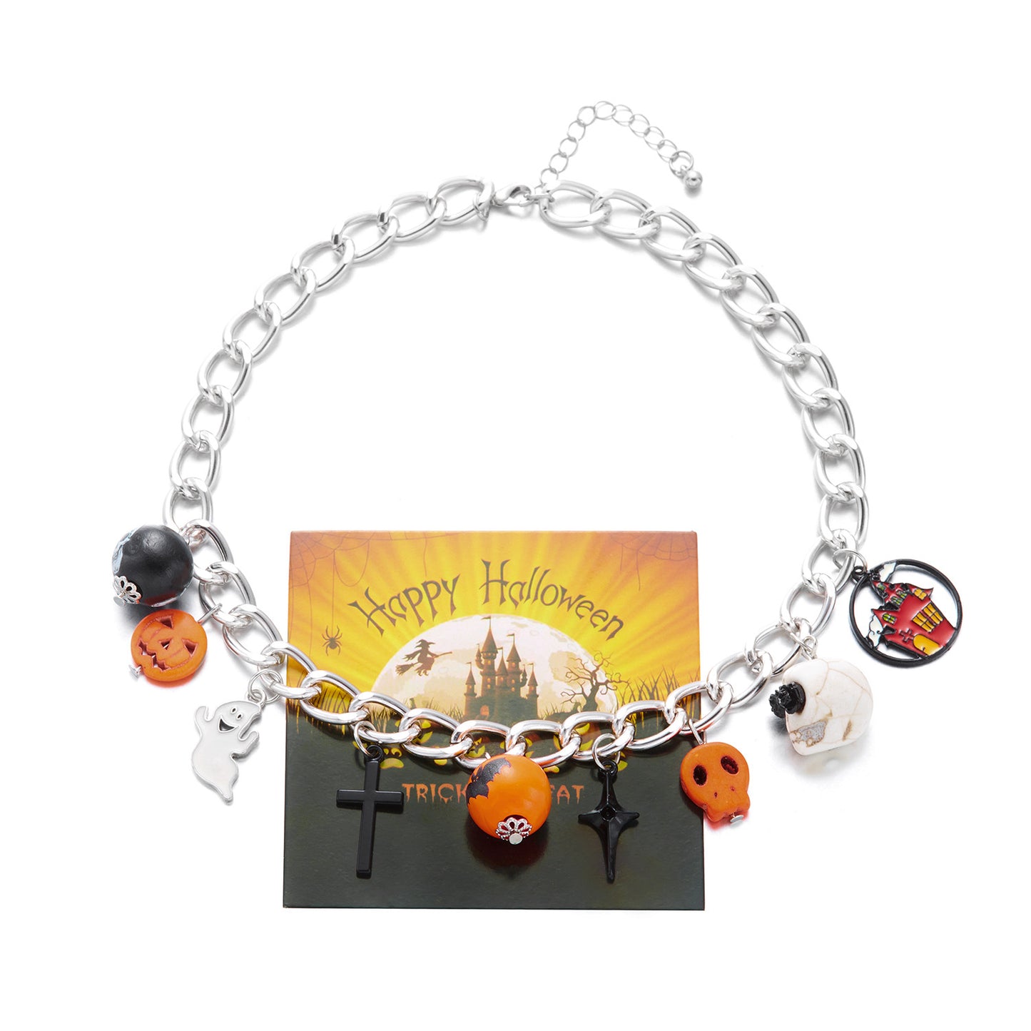 Collar gótico oscuro de varias capas con colgantes de calavera y calabaza, cadena de aleación, acabado galvanizado, joyería llamativa con temática de Halloween