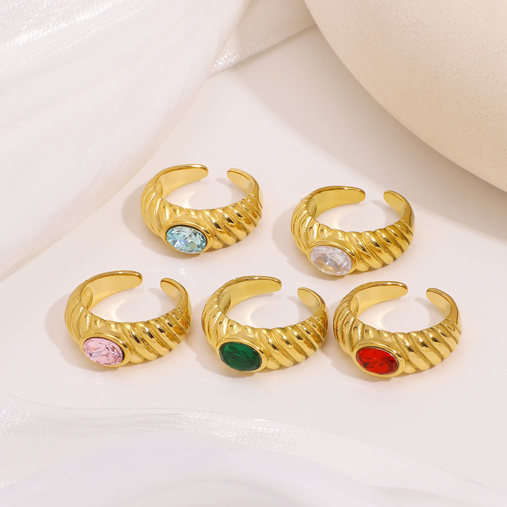 Vintage-Style Geometric Stainless Steel Ring with 18K Gold Plating and Multicolor Zircon Inlay for Women