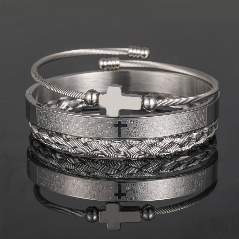 Punk Geometric Round Letter Titanium Steel Plated Open Cuff Bracelet Set for Unisex