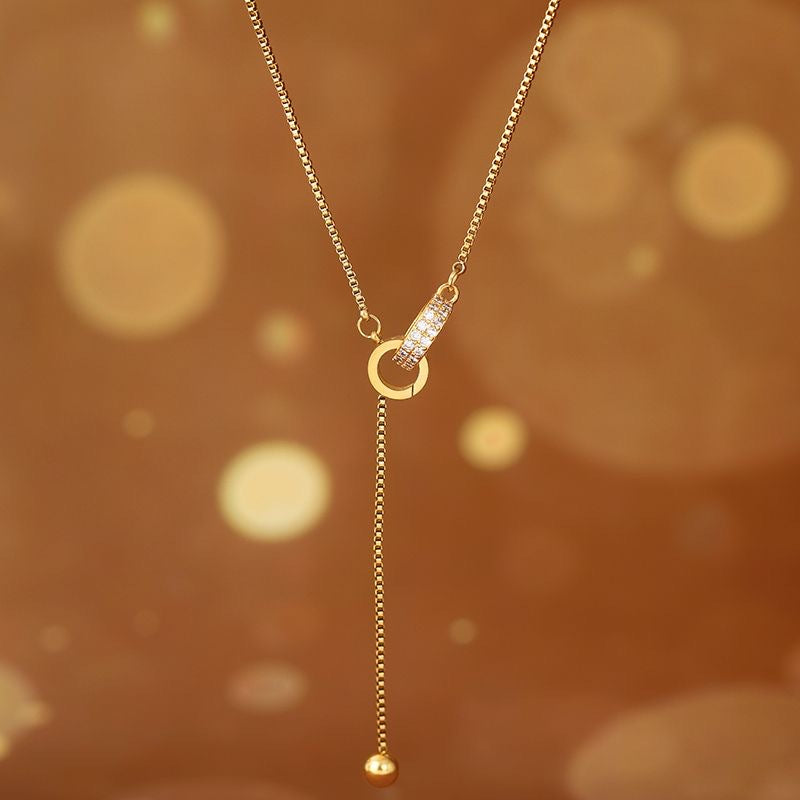 Elegant Minimalist Double Ring U-Shape Titanium Steel Plated Rhinestone Tassel Necklace for Women