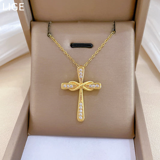 Sweet Twisted Cross Rhinestone Titanium Steel Necklace for Unisex