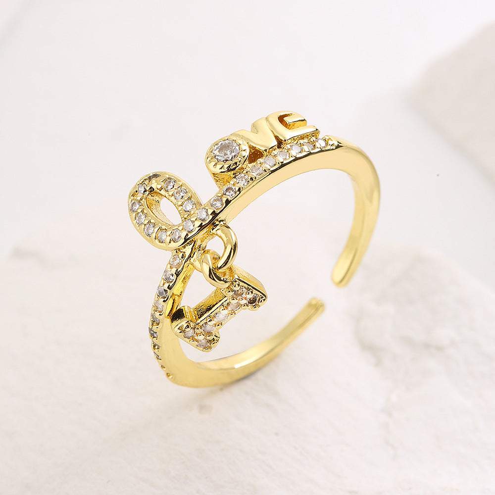 Anello geometrico in rame a forma di cuore con micro-pavé di zirconi per donna, fascia alla moda e unica
