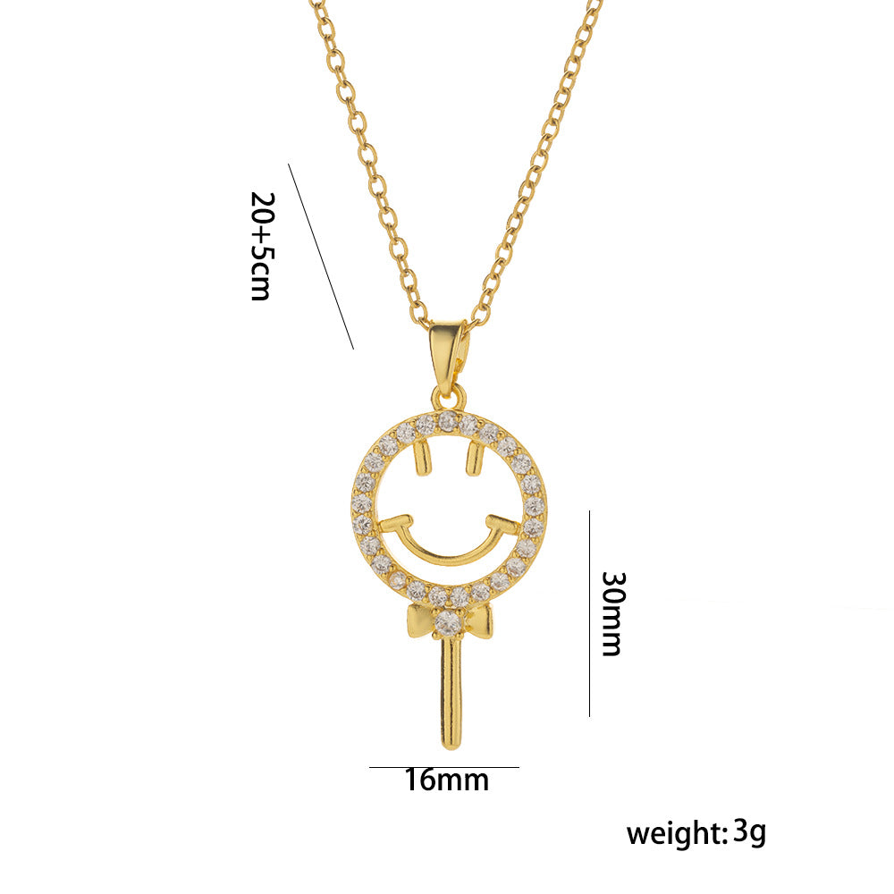 Minimalist Smiley Face Geometric Titanium Steel Plated Necklace for Women with Zircon Accent and O-Chain