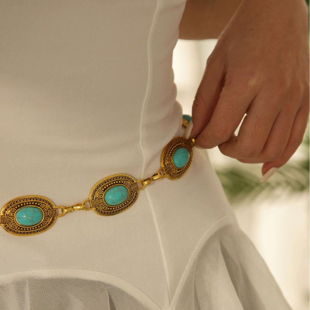 Vintage Bohemian Floral Turquoise Inlay Alloy Waist Chain for Women