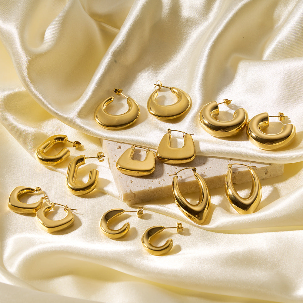 Minimalist Geometric Stainless Steel C-Shaped Hoop Earrings with 18K Gold Vacuum Plating for Women