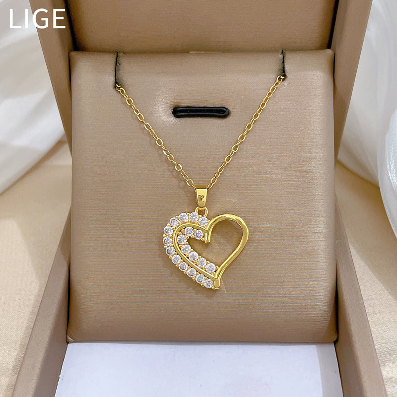 Collar minimalista de titanio con forma de corazón e incrustaciones de diamantes de imitación para mujer, cadena delicada de doble capa para clavícula