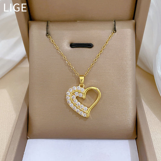 Collar minimalista de titanio con forma de corazón e incrustaciones de diamantes de imitación para mujer, cadena delicada de doble capa para clavícula