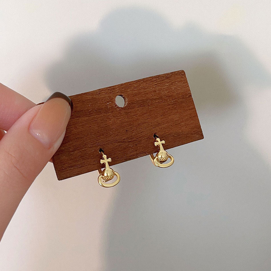 Minimalist Saturn Cross Earrings in 925 Sterling Silver with Polished Finish for Women