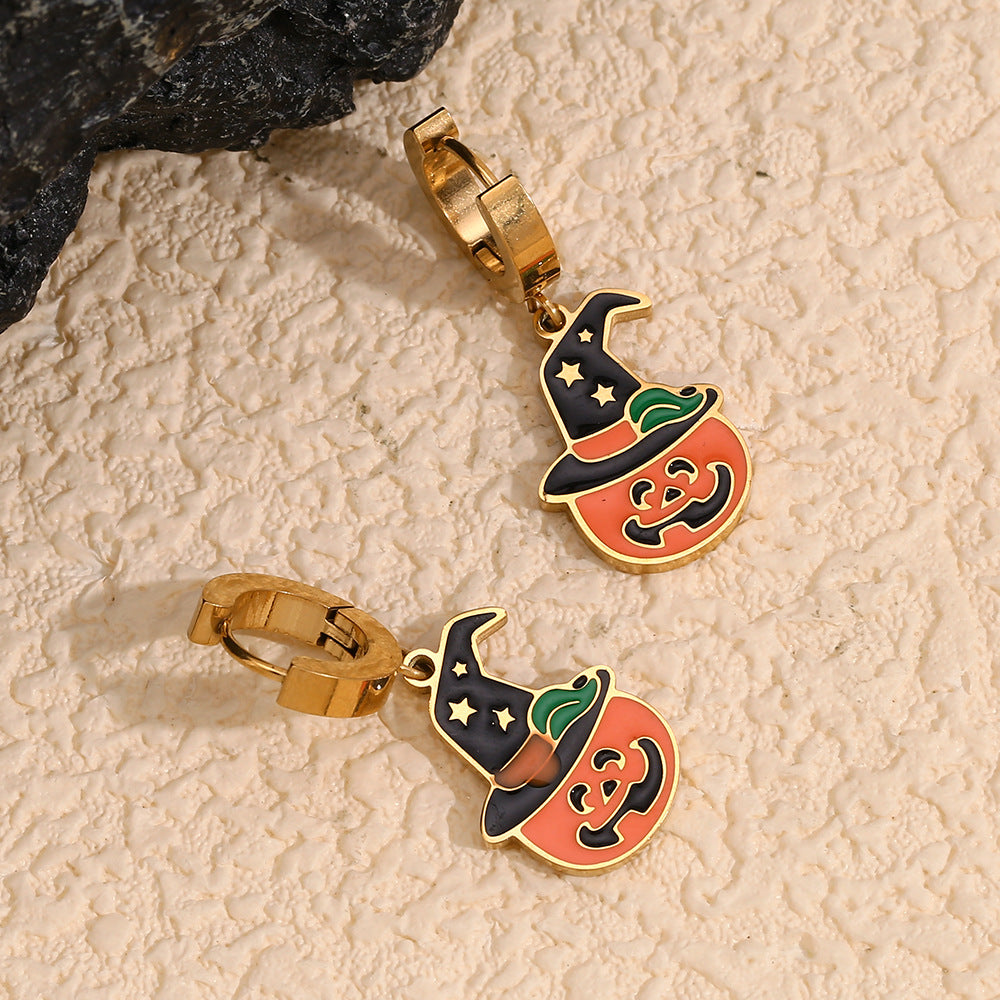 Cartoon Pumpkin Halloween Earrings for Women Stainless Steel with 18K Gold Plating