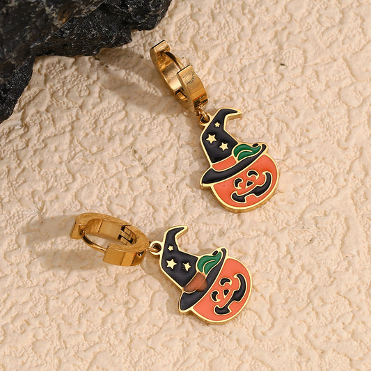 Orecchini di Halloween con Zucca Cartone Animato da Donna in Acciaio Inossidabile con Placcatura in Oro 18K