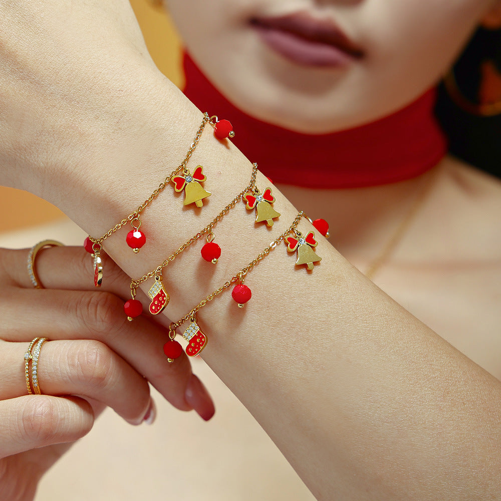 Set Collana con Ciondolo Ruota Panoramica di Lusso con Catena in Acciaio Inossidabile, Intarsio in Zirconi, Ciondolo in Agata Rossa Smaltata e Motivo Campanella Natalizia per Donna