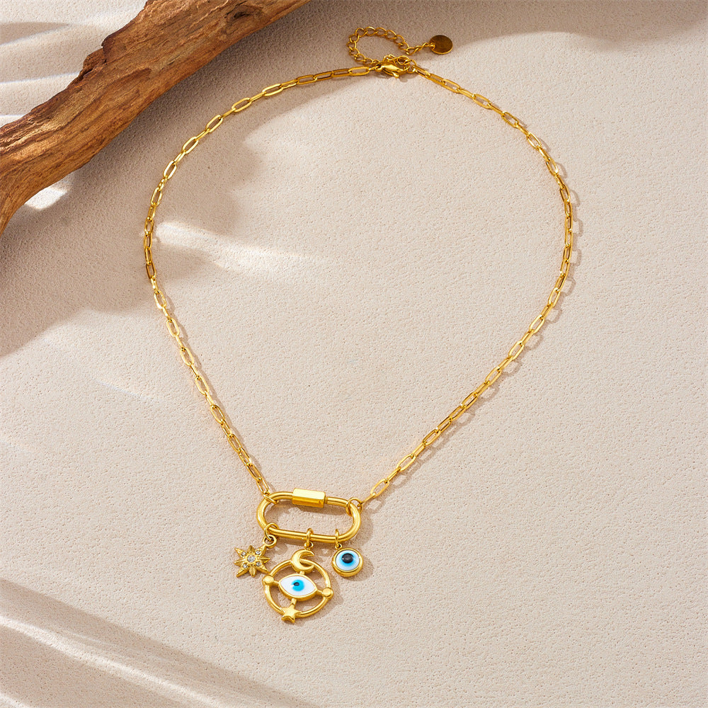 Personalized Ocean Creature Drop Oil Moon Ship Wheel Eye Pendant Stainless Steel Snake Chain Necklace for Women