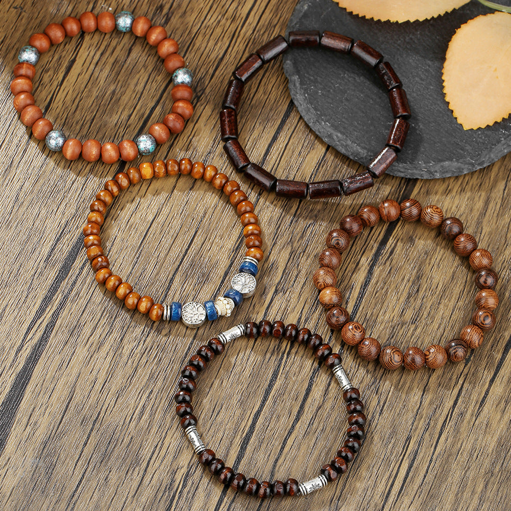 Vintage Ethnic Round Wood Beaded Tree of Life Bracelet for Men and Women
