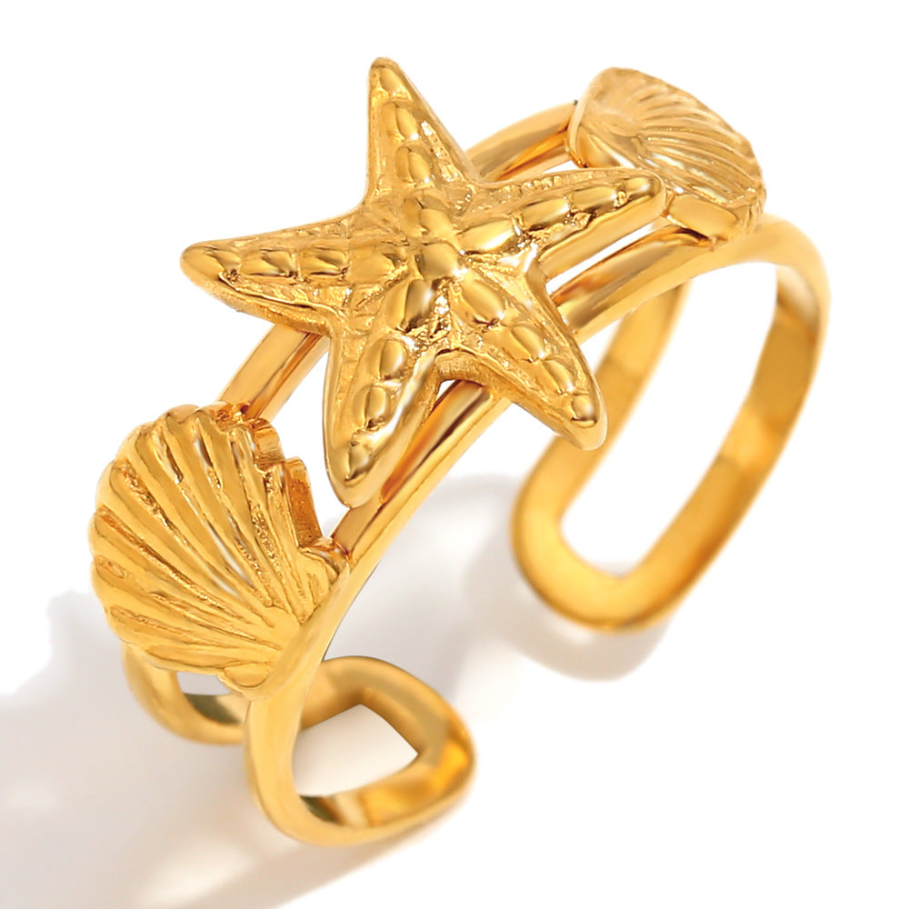 Anillo de Acero Inoxidable en Forma de Estrella con Baño de Oro de 18K para Mujer, Joyería Inspirada en el Océano con Motivos de Estrellas y Conchas
