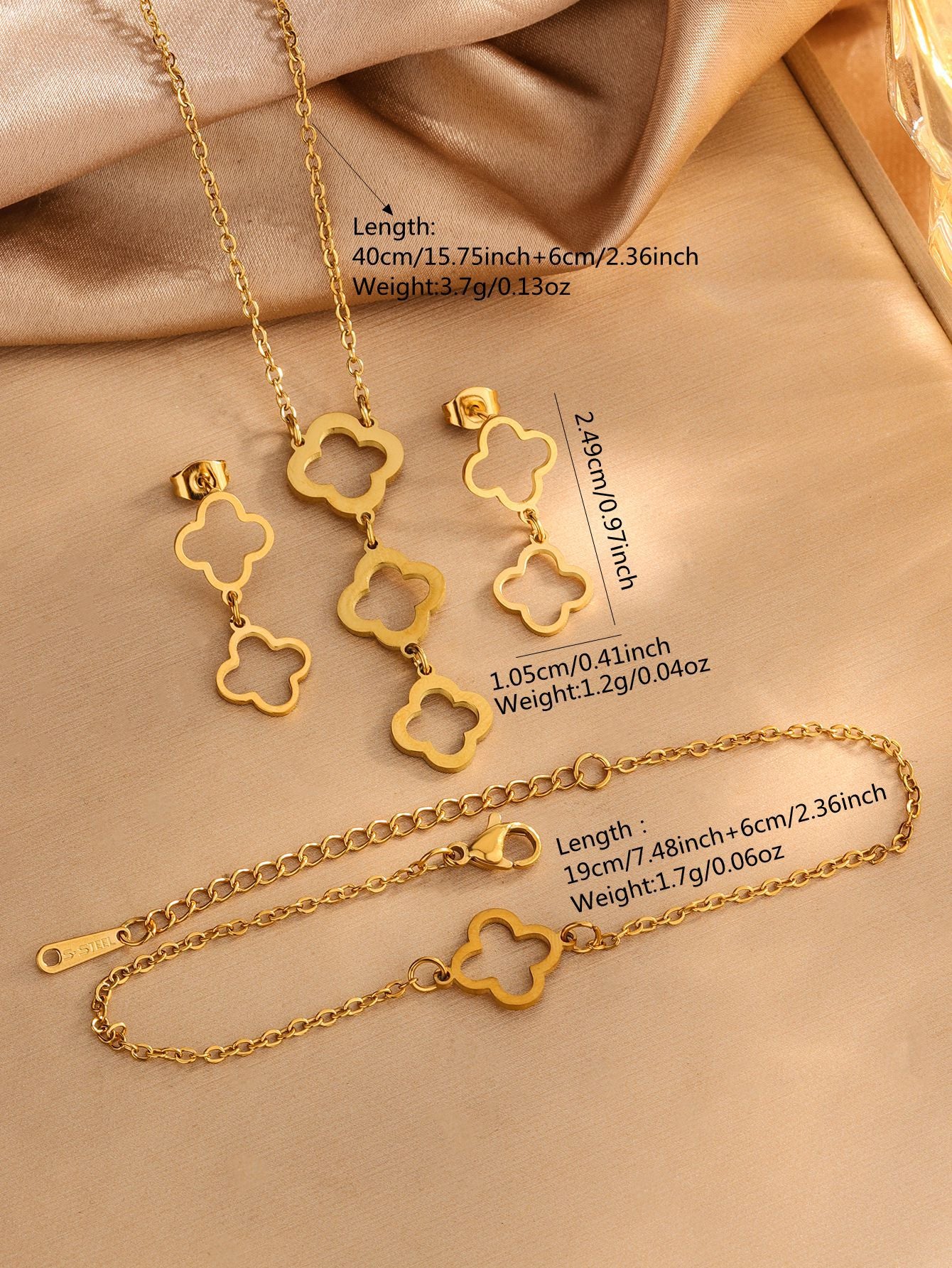 Elegant Hollow Four-Leaf Clover Stainless Steel Plated Necklace Bracelet Earring Set for Women
