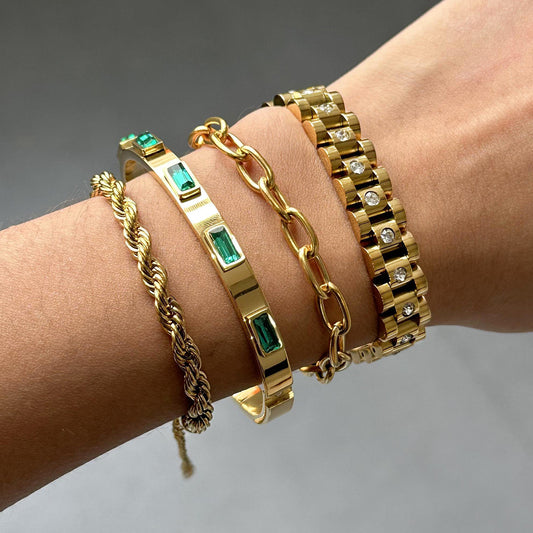 18K Gold Plated Geometric Round Stainless Steel Cubic Zirconia Bracelet for Women