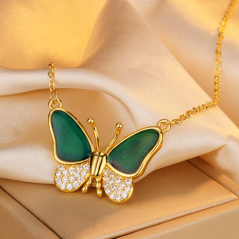 Color Changing Butterfly Magnetic Necklace Titanium Steel Plated Brass Pendant Singapore Chain Unisex Jewelry