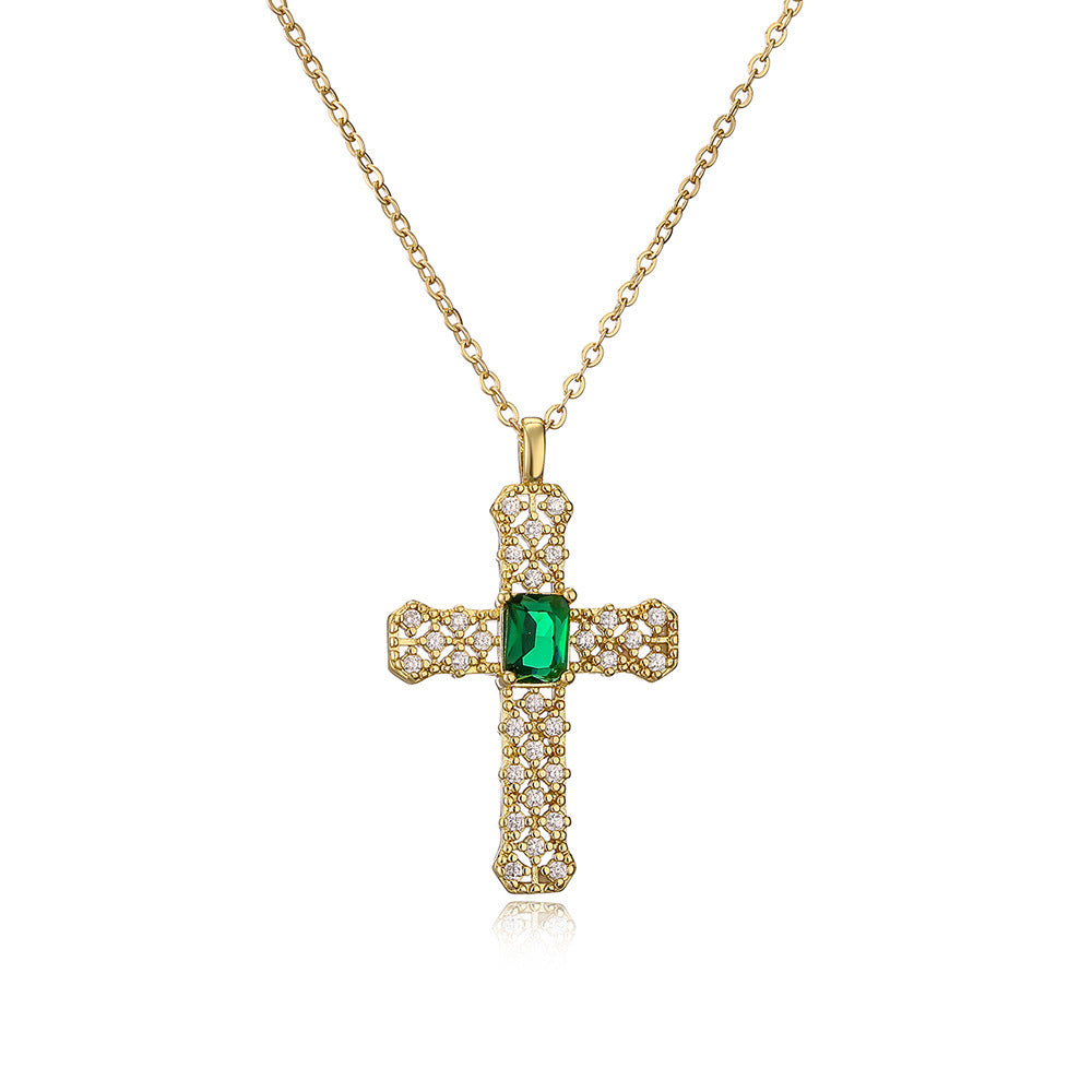 Collana da donna con ciondolo a croce minimalista in ottone con intarsio in zirconi cubici e inserti in perle