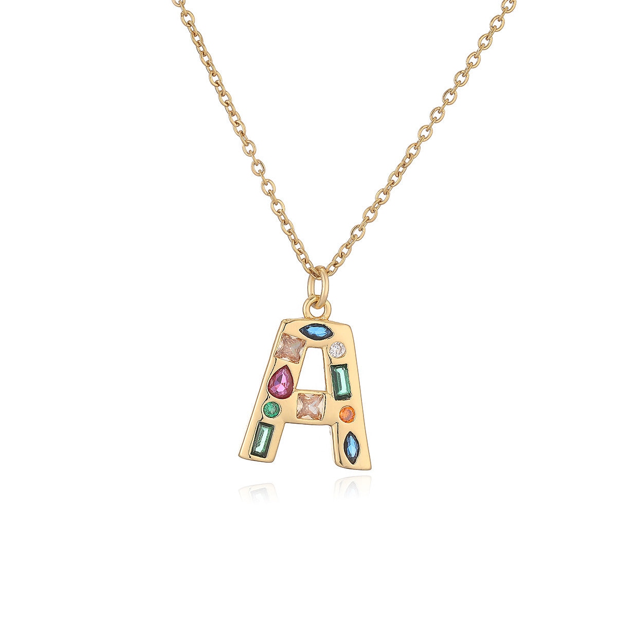 Minimalist Letter Shape Copper Pendant Necklace with 18K Gold Plating and Colored Zircon Inlay for Women