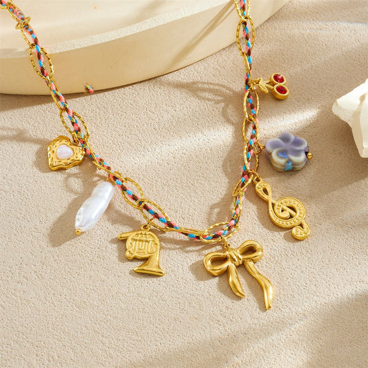 Chic Gold Plated Stainless Steel Bow Heart Music Note Pendant Necklace with Colorful Woven Cord for Women