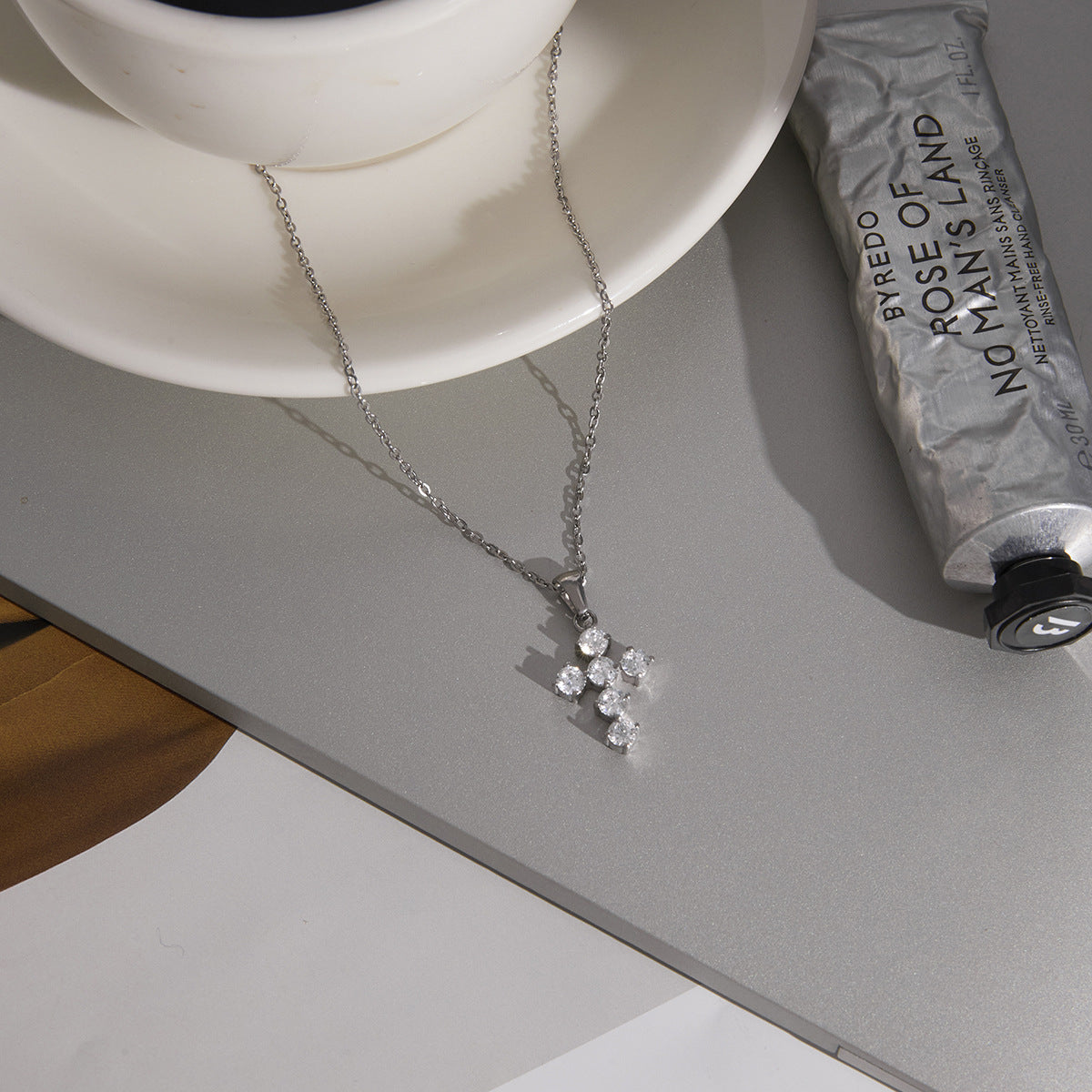 Minimalist Geometric Cross Cubic Zirconia PVD Stainless Steel Necklace for Women