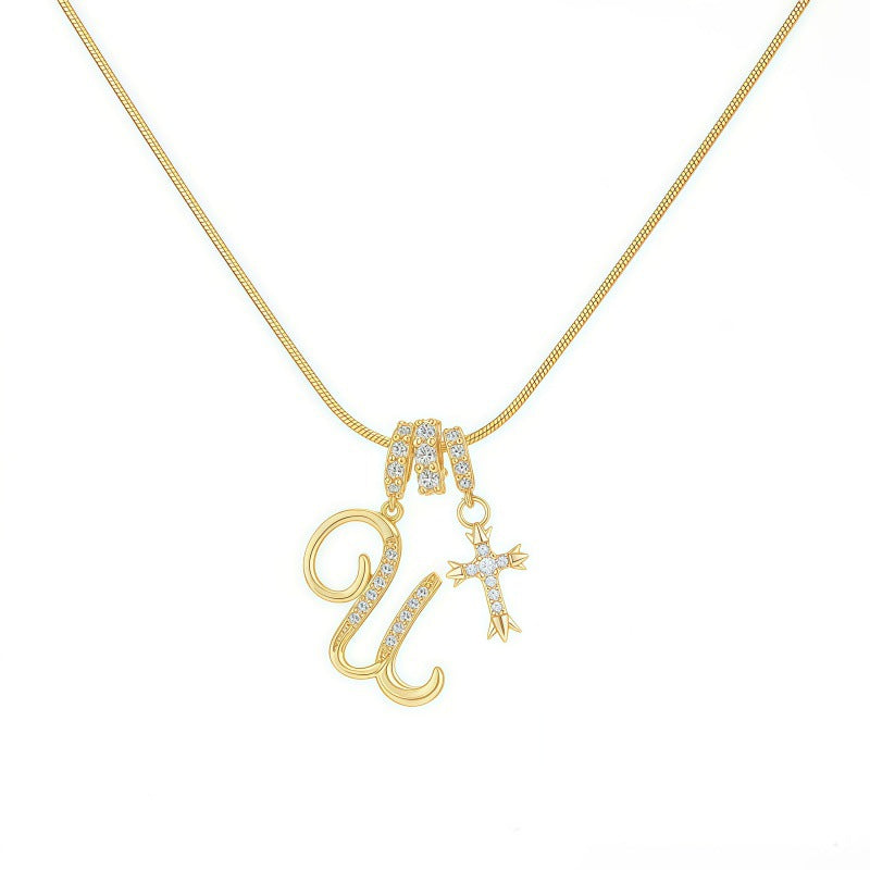 Sweet 22K Gold Plated Letter Titanium Steel Pendant Brass Cable Chain Necklace Unisex