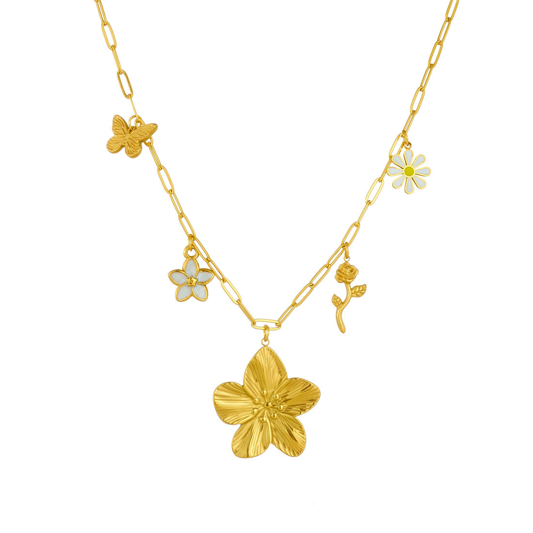 Exaggerated Floral Stainless Steel Plated Necklace Curb Chain for Women
