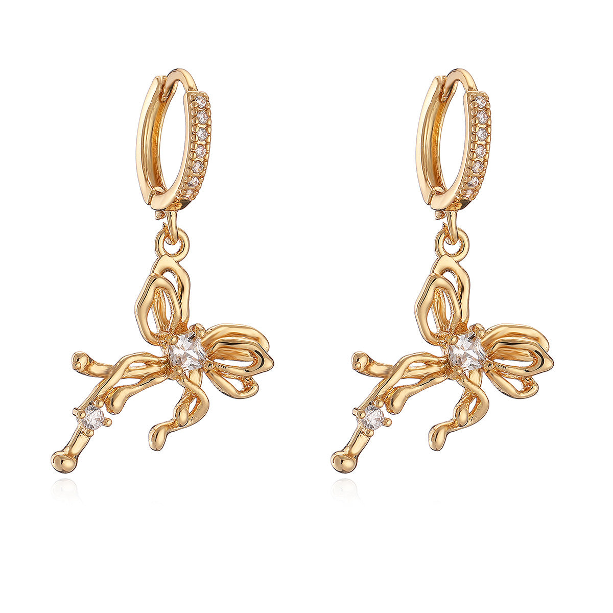Orecchini da donna minimalisti in rame a forma di fiocco con placcatura in oro vero e intarsio di zirconi