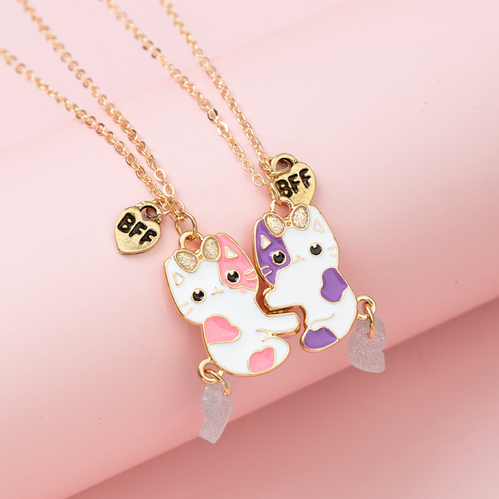 Collana con ciondolo gatto cartone animato per bambini, collana in lega con finitura smaltata, stile catena serpente per bambine dai 3 ai 10 anni