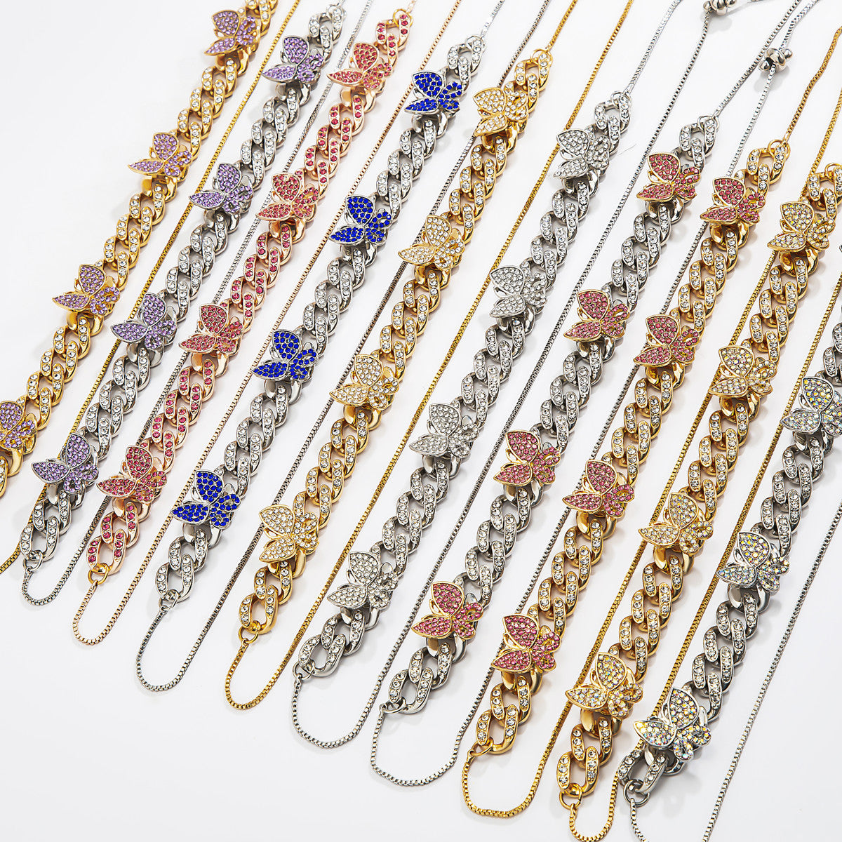 Hip-hop Colorful Rhinestone Butterfly Alloy Pendant Cuban Link Chain Necklace for Women