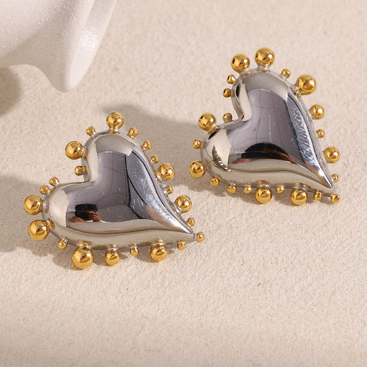 Fashionable Minimalist Heart-Shaped Stainless Steel Earrings with 18K Gold Plated Beaded Edge for Women